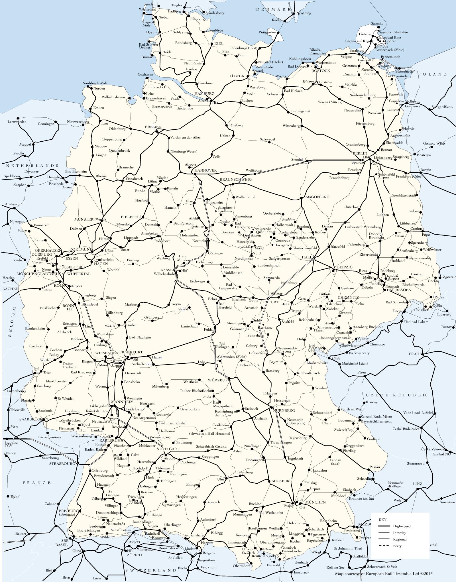 Treinkaart van Duitsland Kaart van de Duitse treinroutes