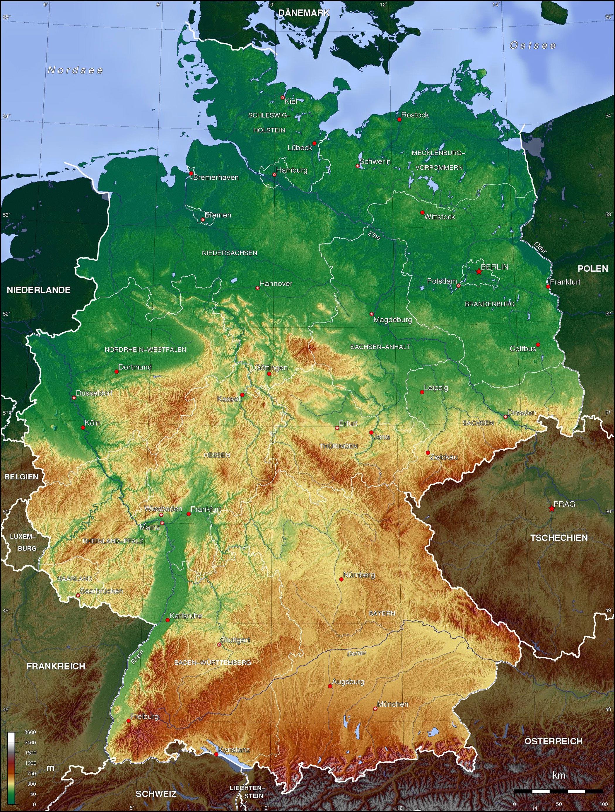 hoogte kaart duitsland Fysieke kaart van Duitsland   Duitsland hoogtekaart (West Europa 